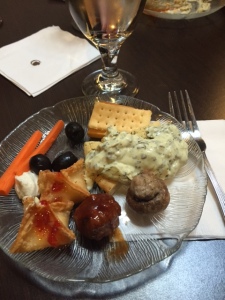 A fan favorite, here’s the evening’s hors d’oeuvre spread. The spinach artichoke dip looks blob-like here, but it was delish. 